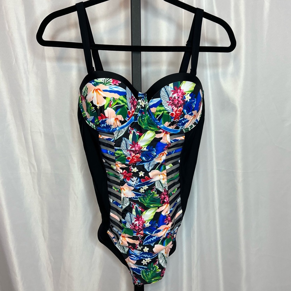 Unbranded Black and Bright Floral Print One Piece Swimsuit, size 12